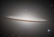 NASA Science Reveals Fresh Hubble Image of Popular Galaxy The Sombrero Galaxy is an oblong, pale white disk with a glowing core. It appears nearly edge-on but slants slightly in the front, presenting a slight top-down view of the inner region of the galaxy and its bright core. The outer disk is darker with shades of brown and black. Different colored distant galaxies and various stars are speckled among the black background of space surrounding the galaxy.
