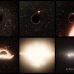 Hubble Identifies Wandering Giant Black Hole – NASA Science Six-panel illustration marked "Artist