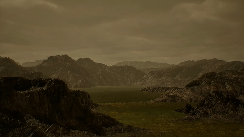 A mountainous formation on Titan with a lake and cloudy atmosphere.