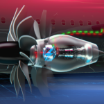 NASA, GE Aerospace Push Forward Hybrid-Electric Airliners with HyTEC Graphic shows a possible future General Electric jet engine with exposed fan blades in front of a cut-away-interior view of its core mechanisms -- all part of NASA