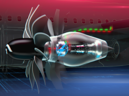 NASA, GE Aerospace Push Forward Hybrid-Electric Airliners with HyTEC Graphic shows a possible future General Electric jet engine with exposed fan blades in front of a cut-away-interior view of its core mechanisms -- all part of NASA