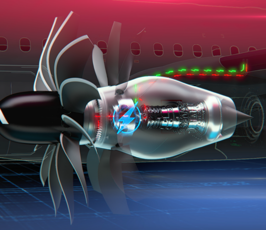 NASA, GE Aerospace Push Forward Hybrid-Electric Airliners with HyTEC Graphic shows a possible future General Electric jet engine with exposed fan blades in front of a cut-away-interior view of its core mechanisms -- all part of NASA
