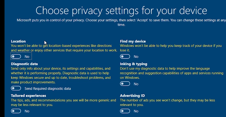 Privacy Settings Windows 10 Setup