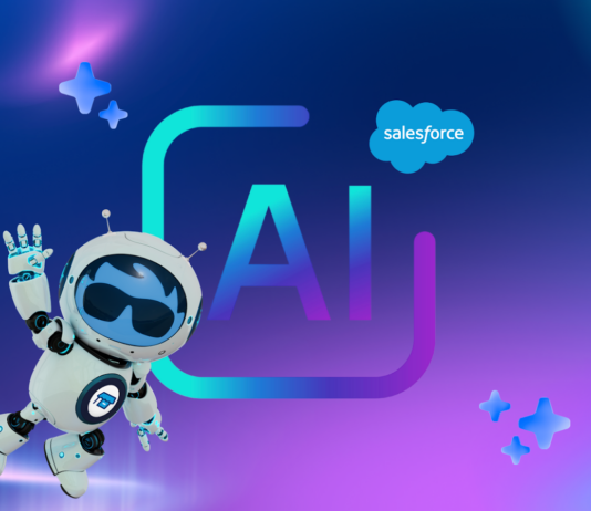 Salesforce Suites now include Agentforce for Small Business integration. Illustration of Astro and Agentforce for Salesforce Suites with AI on a purple background.