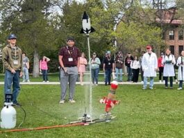 Artemis ROADS III Competitors Celebrate Success in NASA Challenge A water bottle rocket takes off in front of a crowd.