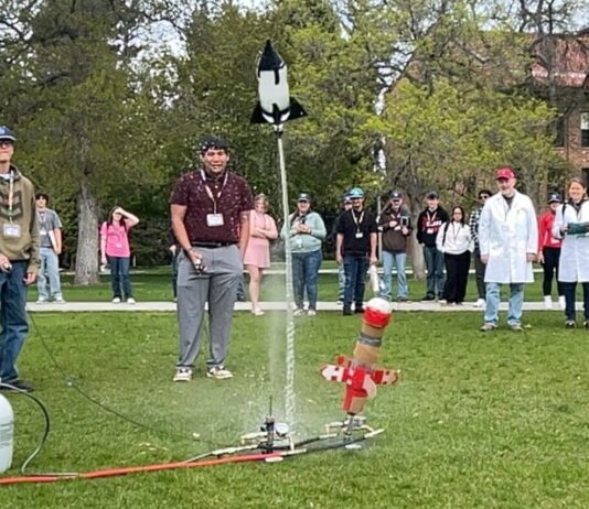 Artemis ROADS III Competitors Celebrate Success in NASA Challenge A water bottle rocket takes off in front of a crowd.