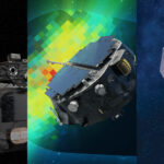 NASA Plans Coverage for Launch of Space Weather Missions A triptych illustration shows the Carruthers Geocorona Observatory facing the Sun, the IMAP spacecraft mapping the heliosphere, and SWFO-L1 monitoring space weather near Earth.