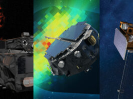 NASA Plans Coverage for Launch of Space Weather Missions A triptych illustration shows the Carruthers Geocorona Observatory facing the Sun, the IMAP spacecraft mapping the heliosphere, and SWFO-L1 monitoring space weather near Earth.