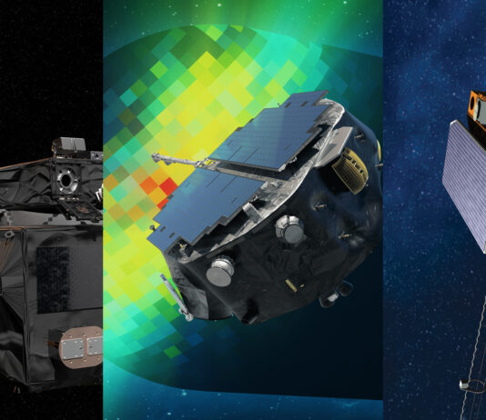 NASA Plans Coverage for Launch of Space Weather Missions A triptych illustration shows the Carruthers Geocorona Observatory facing the Sun, the IMAP spacecraft mapping the heliosphere, and SWFO-L1 monitoring space weather near Earth.