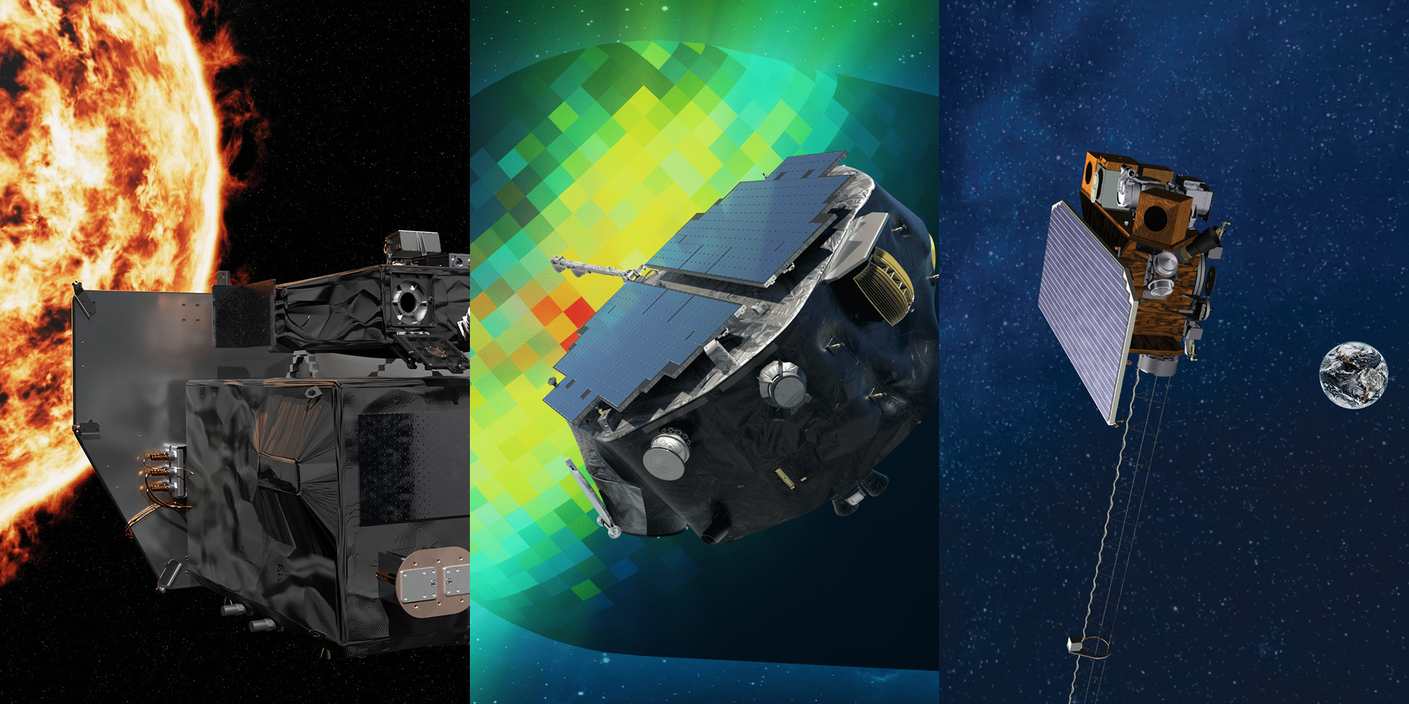 imap swfo l1 carruthers prelaunch news conference key art r3 key art 2 1 without title.jpg A triptych illustration shows the Carruthers Geocorona Observatory facing the Sun, the IMAP spacecraft mapping the heliosphere, and SWFO-L1 monitoring space weather near Earth.