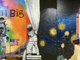 Johnson’s Student Murals Mark 25 Years of Space Exploration A colorful art mural representing space exploration. The words
