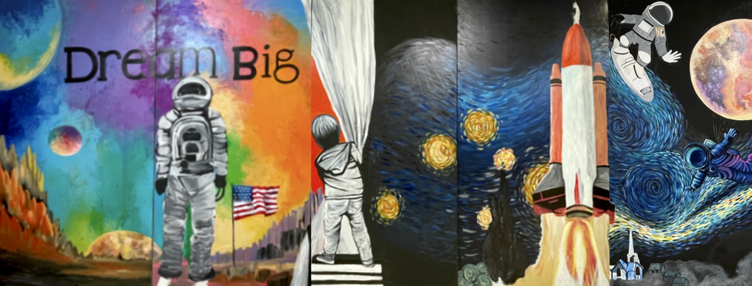 A colorful art mural representing space exploration. The words 