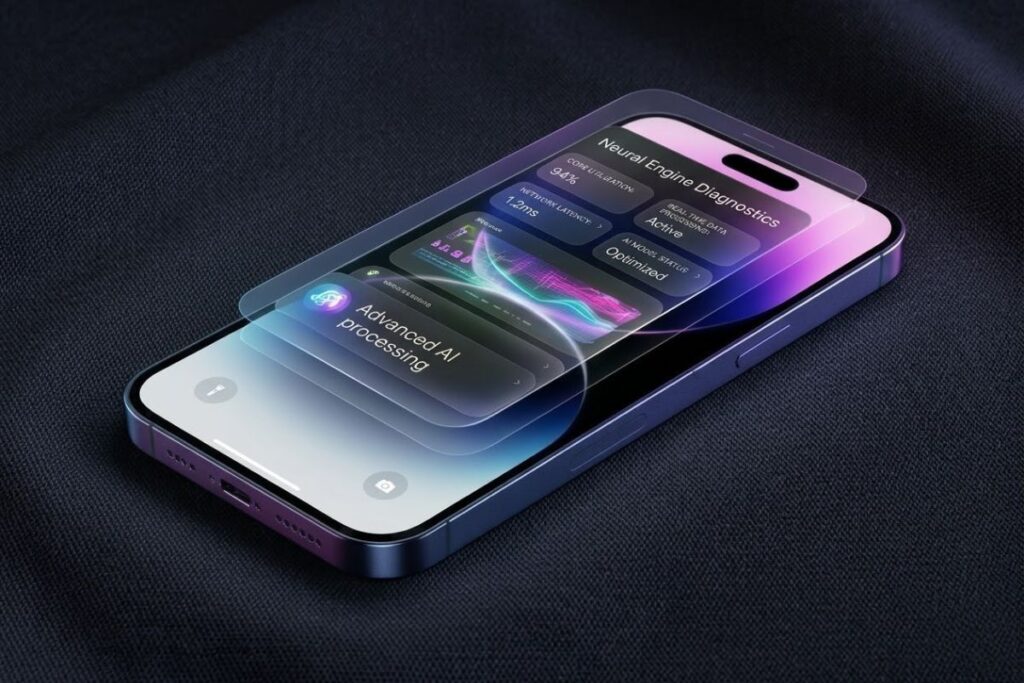 iphone 18 pro looks rumoured -A high-angle close-up of a premium smartphone screen showing "Neural Engine Diagnostics" with floating UI elements for AI processing and 94% core utilization.