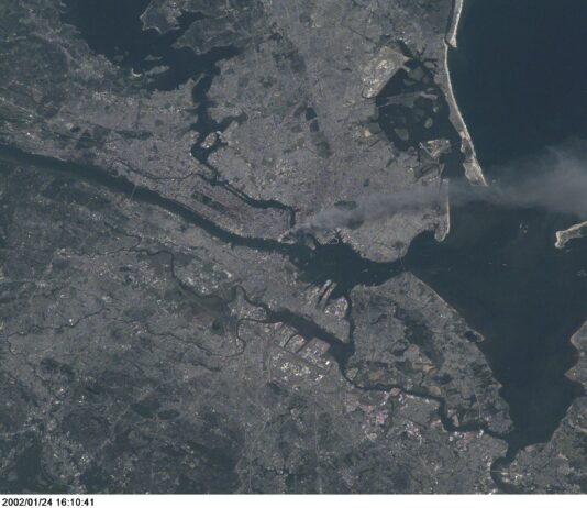 Astronaut Frank Culbertson’s 9/11 Letter from Space – NASA Archives One of a series of pictures taken of metropolitan New York City (and other parts of New York as well as New Jersey) by one of the Expedition Three crew members onboard the International Space Station (ISS) at various times during the day of September 11, 2001. The image shows a smoke plume rising from the Manhattan area. The orbital outpost was flying at an altitude of approximately 250 miles. The image was recorded with a digital still camera. Please note: The date identifiers on some frames (other than those that indicate Sept. 11, 2001) are not accurate due to a technical problem with one of the Expedition Three cameras.