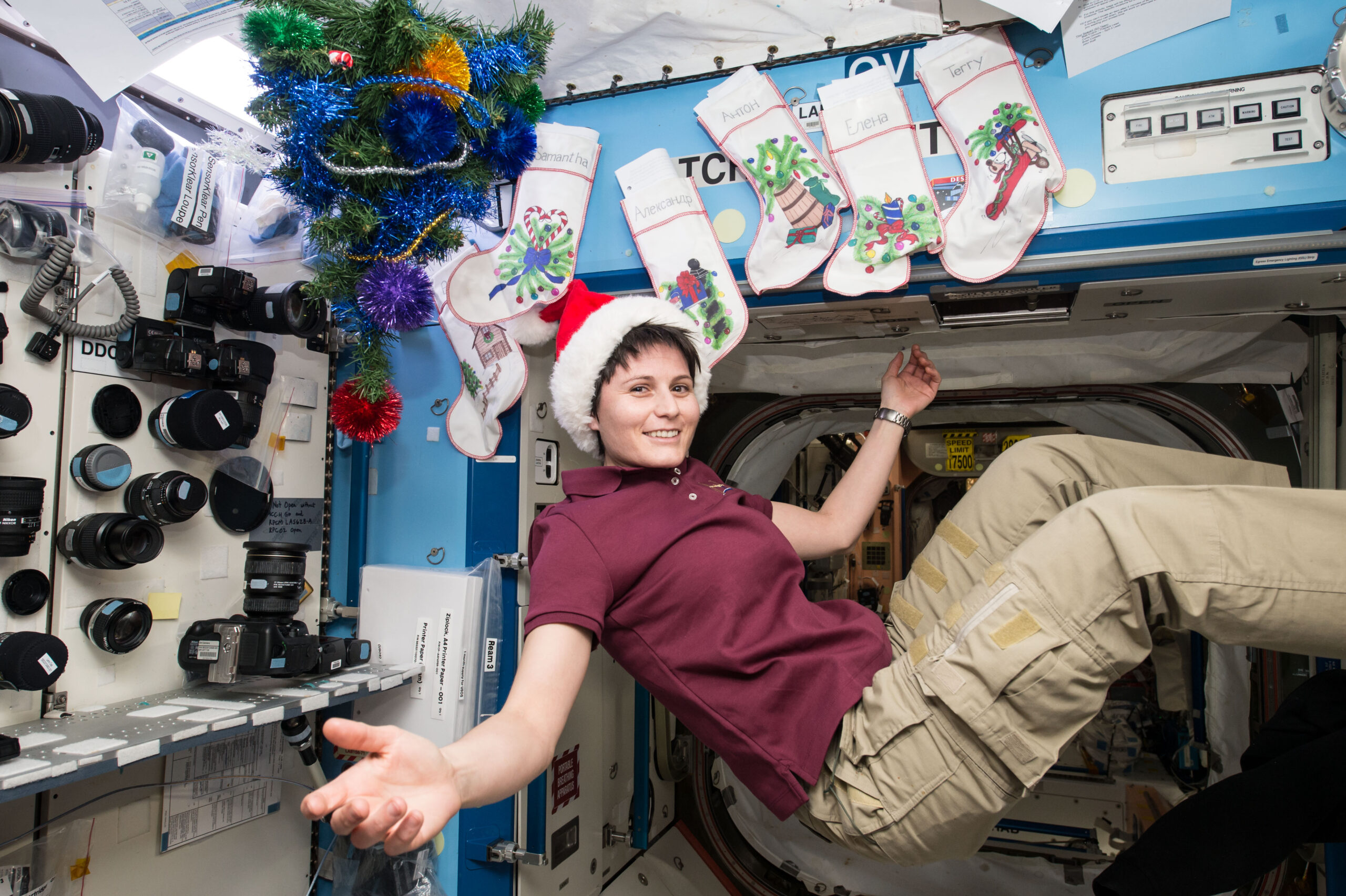 iss042e052678.jpg A woman with short, dark hair and wearing a Santa hat, maroon shirt, and khaki pants smiles with arms outspread while floating in microgravity in front of Christmas stockings.