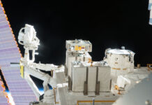 NASA Highlights: Top Station Science News for March 7, 2025 A view of an exposed module outside the International Space Station with solar panels and the darkness of space behind it.