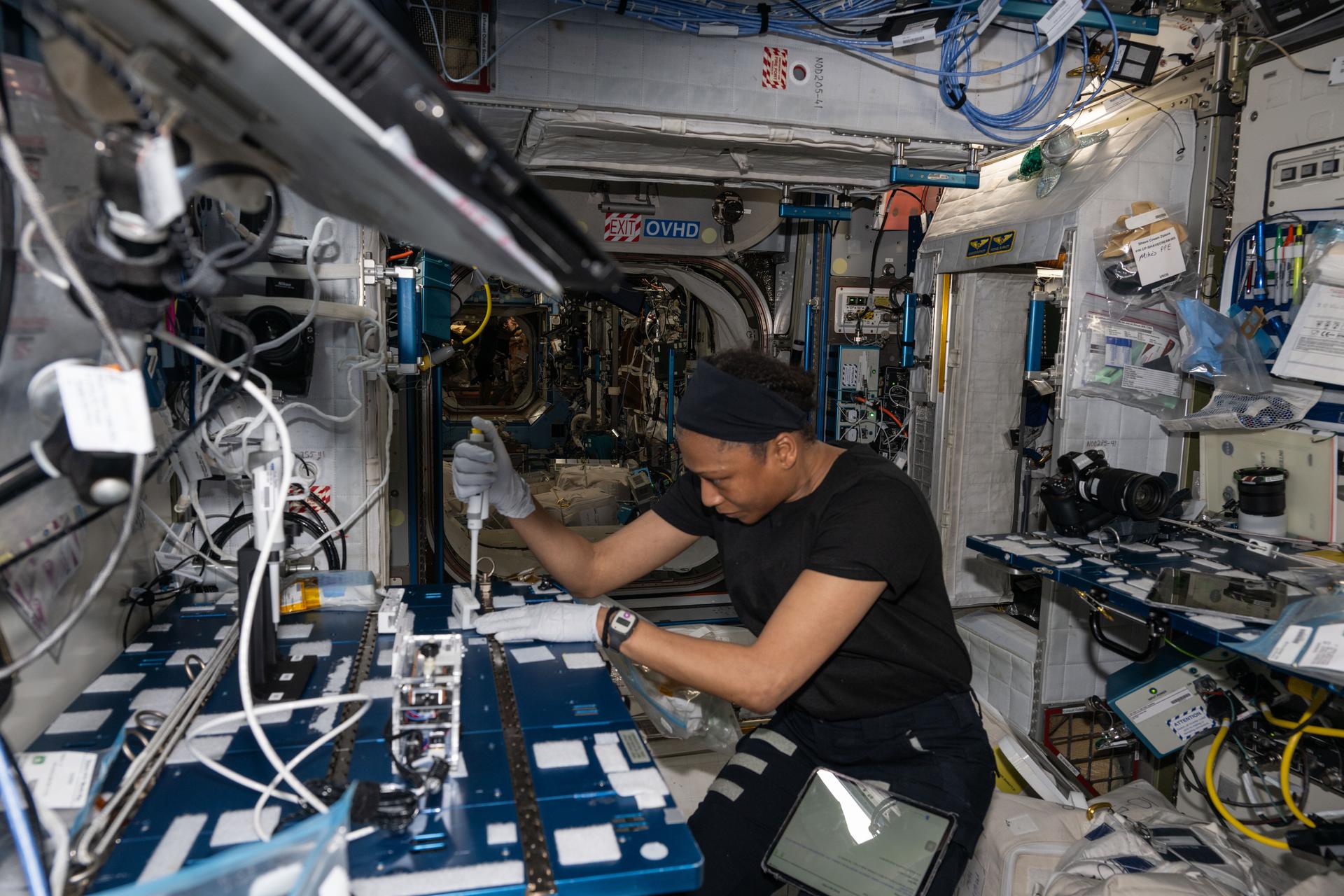 iss071e041625large.jpg Astronaut Jeanette Epps is shown squeezing a pipette into bacteria samples onboard the International Space Station.