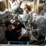 New York Students to Quiz NASA Astronauts NASA astronauts Anne McClain (bottom) and Nichole Ayers (top), both Expedition 73 Flight Engineers, checkout spacesuit hardware in the Quest airlock and review procedures for a May 1 spacewalk.