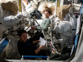 New York Students to Quiz NASA Astronauts NASA astronauts Anne McClain (bottom) and Nichole Ayers (top), both Expedition 73 Flight Engineers, checkout spacesuit hardware in the Quest airlock and review procedures for a May 1 spacewalk.