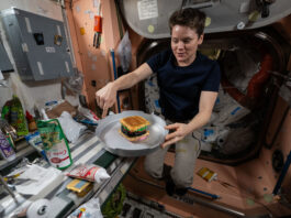 NASA Crew Marks Historic Achievement on Space Station Anne McClain, a white woman with short brown hair, floats while pointing downward with her right hand. Her left hand holds something that looks almost like a cake tin in place. There is a hamburger-shaped cake in the