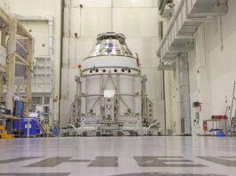 Artemis II Orion Service Module Ready for NASA Launch The Artemis II Orion spacecraft sits in the transfer aisle in the Neil A. Armstrong Operations and Checkout Building at NASA’s Kennedy Space Center in Florida following the installation of three spacecraft adapter jettison fairings on Wednesday, March 19, 2025. The fairings encapsulate the service module protect the solar array wings, shielding them from the heat, wind, and acoustics of launch and ascent, plus help redistribute the load between Orion and the massive thrust of the SLS (Space Launch System) rocket during liftoff and ascent. Once the spacecraft is above the atmosphere, the three fairing panels will separate from the service module reducing the mass of the spacecraft.