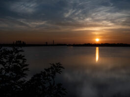 Crew-11 Launch Attempt at Dawn by NASA In the distance, the Sun rises, casting an orange glow over the surrounding sky. It is also reflected in the water below it, where it looks like a column of orange light. The outlines of several structures are visible in the middle ground. At the top of the photo are white clouds that look like streaks of paint. At the bottom of the photo, those clouds are partially reflected in the water (at right) and some foliage peeks in (at left).