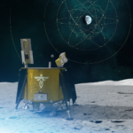 NASA, Italian Space Agency Trial New Moon Navigation Tech Illustration of Blue Ghost CLPS lander on the Moon with LuGRE onboard receiving and processing GNSS signals.