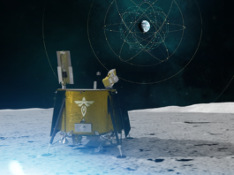 NASA, Italian Space Agency Trial New Moon Navigation Tech Illustration of Blue Ghost CLPS lander on the Moon with LuGRE onboard receiving and processing GNSS signals.