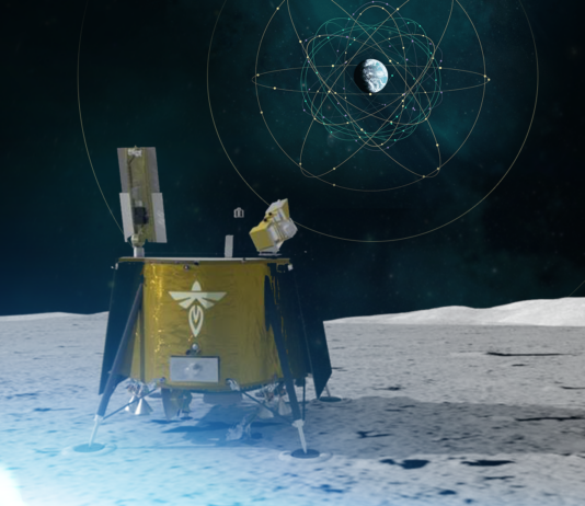 NASA, Italian Space Agency Trial New Moon Navigation Tech Illustration of Blue Ghost CLPS lander on the Moon with LuGRE onboard receiving and processing GNSS signals.