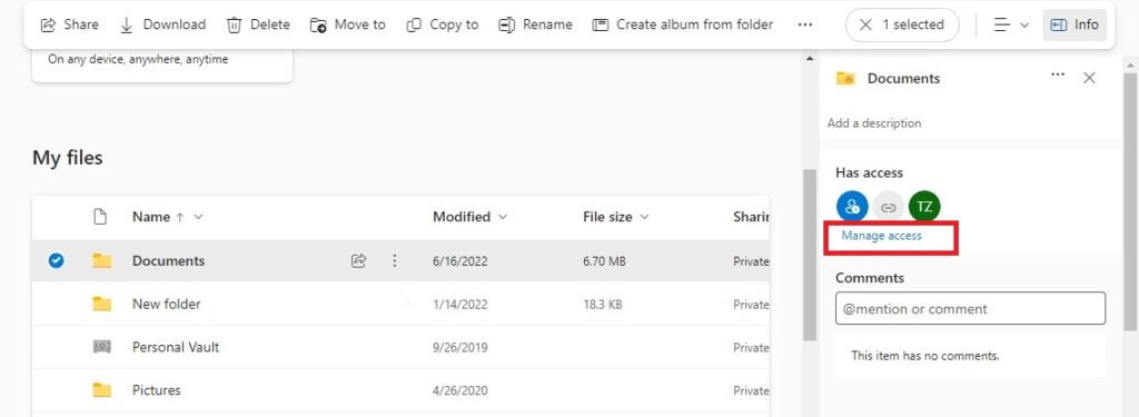 Manage access on OneDrive