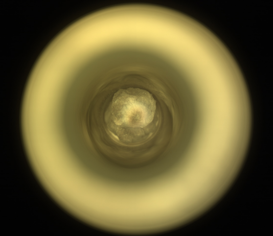 NASA Science: Advancing with Determination A round, golden circle resembling a metal doughnut surrounds a dark tan circle, at the center of which appear to be multiple round layers in various shades of gold to tan, resembling stacked, see-through layers of mica.