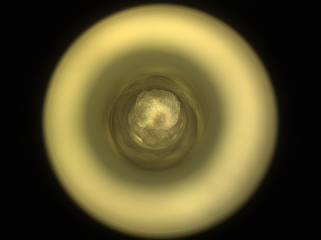 A round, golden circle resembling a metal doughnut surrounds a dark tan circle, at the center of which appear to be multiple round layers in various shades of gold to tan, resembling stacked, see-through layers of mica.