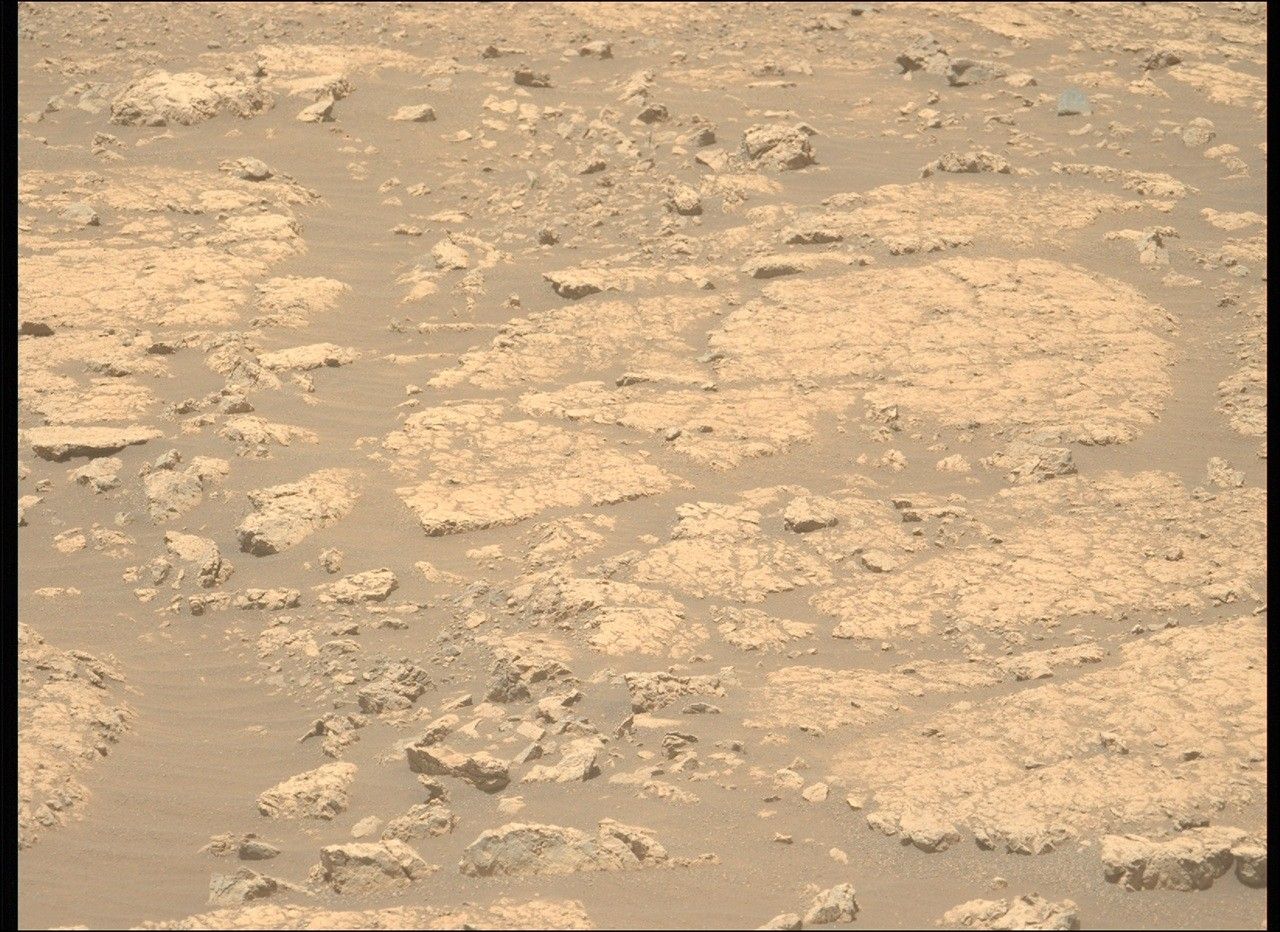 mars perseverance zl0 1547 0804270672 519eby n0760000zcam09611 1100lmj.jpg A color photo from the Martian surface shows an area of pale brownish-orange rocks, mostly medium to large and flat, with varied edges and cracks. Among them are numerous smaller rocks that are more jagged, poking up. In between the rocks the area is covered in fine soil, slightly darker-toned than the rocks.