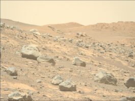 Perseverance Hunts for Signs of Contact Metamorphism on Mars A color photo from the surface of Mars shows very rocky terrain in the foreground sloping downward from left to right. The ground ranges in shades from orange-tan to brown, while the rocks are mostly gray. A trio of hills rises up in the distance.