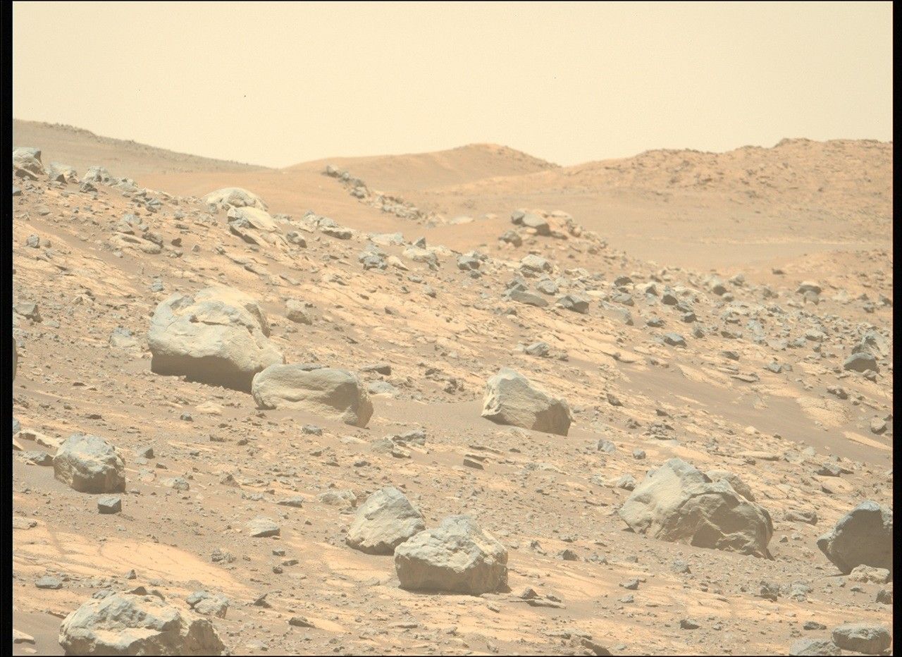 mars perseverance zl0 1560 0805424579 894eby n0771030zcam09624 1100lmj.jpg A color photo from the surface of Mars shows very rocky terrain in the foreground sloping downward from left to right. The ground ranges in shades from orange-tan to brown, while the rocks are mostly gray. A trio of hills rises up in the distance.