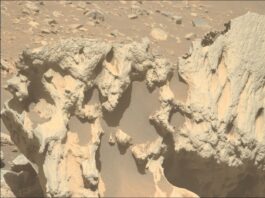 NASA Investigates Unidentified Object Approaching Earth A color photo from the Martian surface shows a close-up of a large tan and pale orange rock pockmarked with numerous large holes, which are mostly filled with dark, rust-colored sand. In the background, pale orange, very rocky terrain is visible in the top third of the image.