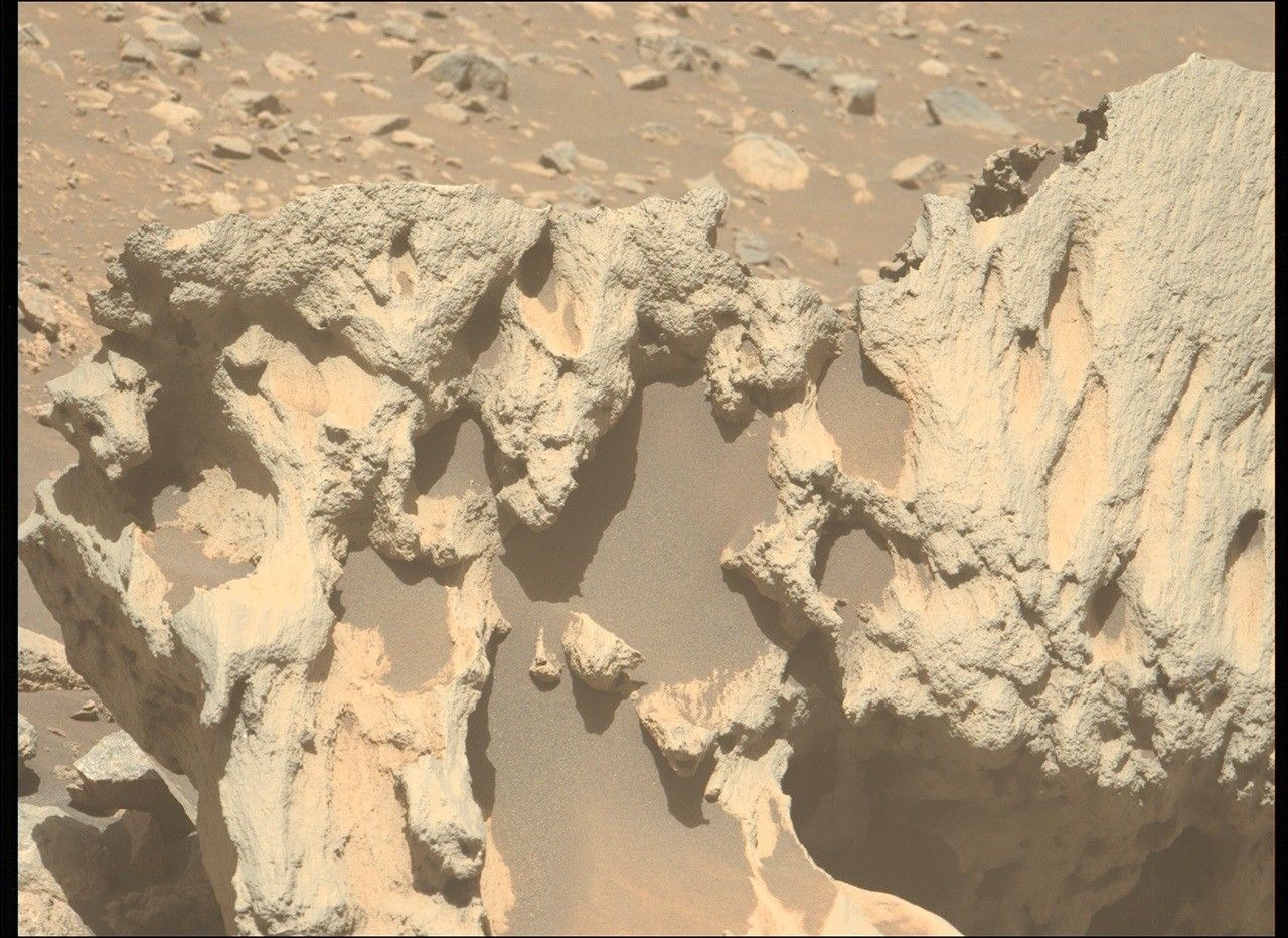A color photo from the Martian surface shows a close-up of a large tan and pale orange rock pockmarked with numerous large holes, which are mostly filled with dark, rust-colored sand. In the background, pale orange, very rocky terrain is visible in the top third of the image.