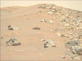 Connecting Regional Rock Formations to Broader Terrain: NASA Study A color photo from the Martian surface shows a landscape of sandy, rocky terrain. What looks like a pair of light orange-brown sand dunes rise in the background. Four or five large, sharp-edged rocks are strewn among the sand on the left side of the image. But a clear vertical dividing line extends from the center of the image to the right side, where the sand is covered by similar rocks of all sizes. A pale yellow sky is visible above the scene.