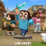 Minecraft Film Live Event Announced An image from A Minecraft Movie live event, set in Midport Village. Villager houses and a windmill are visible in the background as Natalie, Steve, and Garrett (together with a llama and chicken) are flanked by two piglins (one to the left, one to the right).