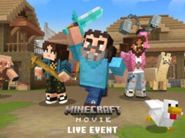Minecraft Film Live Event Announced An image from A Minecraft Movie live event, set in Midport Village. Villager houses and a windmill are visible in the background as Natalie, Steve, and Garrett (together with a llama and chicken) are flanked by two piglins (one to the left, one to the right).