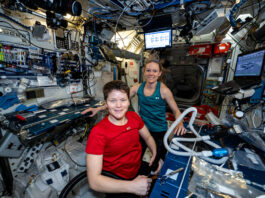 NASA Astronauts Engage with Students in New York, Utah NASA astronauts (left to right) Anne McClain and Nichole Ayers, pose for a portrait together aboard the International Space Station. Moments earlier, Ayers finished trimming McClain