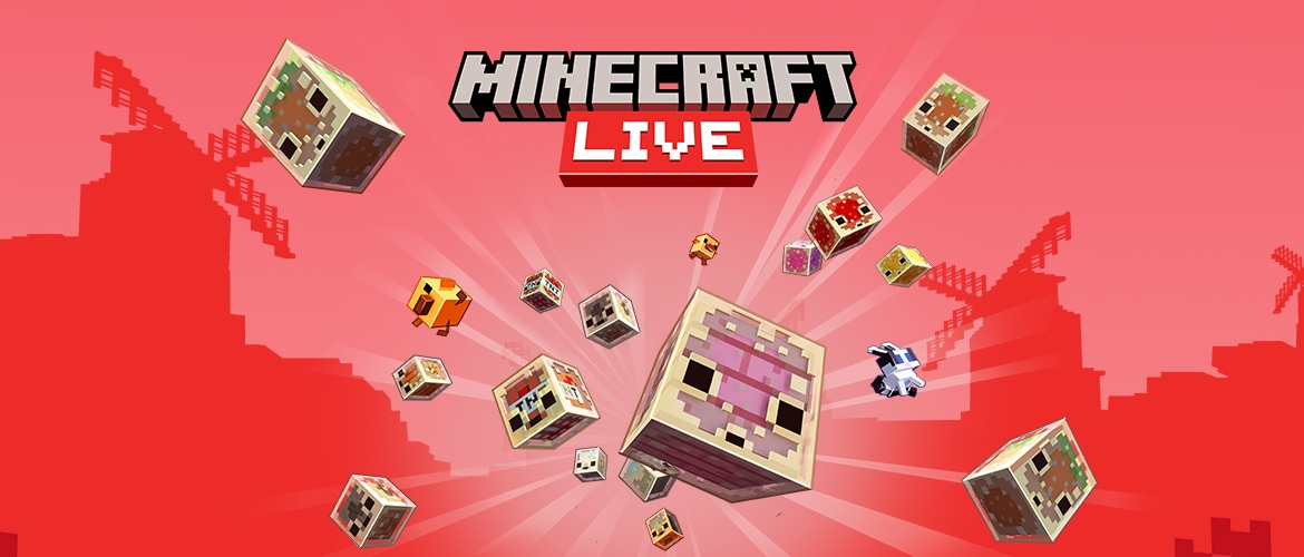 minecraft live 1170x500.jpg A variety of sulfur cubes on a red background. The Minecraft LIVE logo is overlayed.
