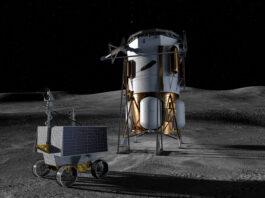 NASA Chooses Blue Origin for Moon South Pole VIPER Mission This artist’s concept shows Blue Origin’s Blue Moon Mark 1 lander and NASA’s VIPER (Volatiles Investigating Polar Exploration Rover) on the lunar surface.