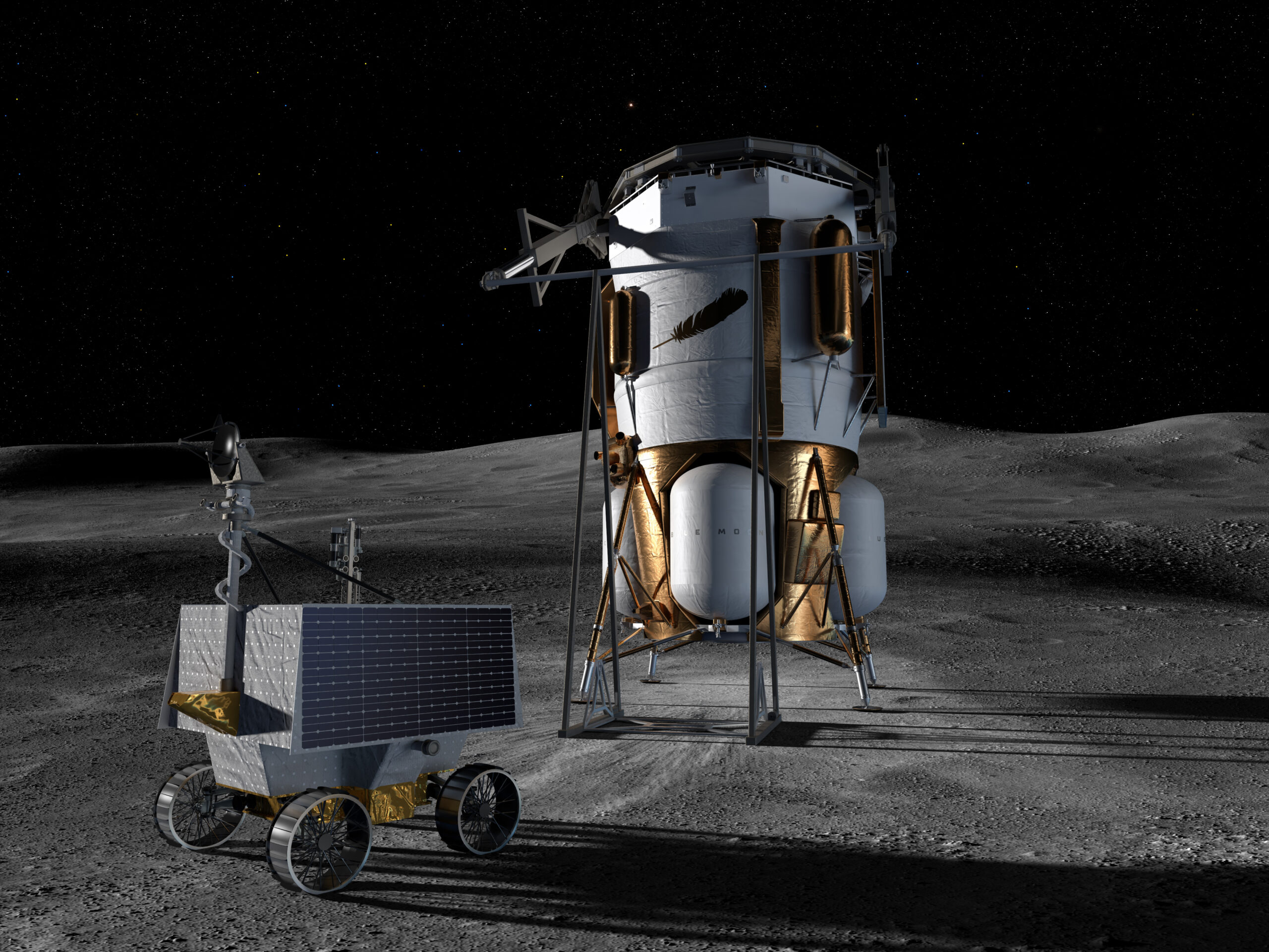 This artist’s concept shows Blue Origin’s Blue Moon Mark 1 lander and NASA’s VIPER (Volatiles Investigating Polar Exploration Rover) on the lunar surface.
