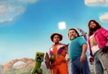 Minecraft Film Released Today The official poster for A MINECRAFT MOVIE. A sunny scene from the Overworld features protagonists Dawn, Steve, Garrett, Henry, Natalie standing next to each other facing the camera. To their left, there is a creeper, and in the foreground we see Dennis, Steve’s pet wolf. An Overworld landscape is visible behind the characters.