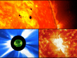 NASA Tools Introduce Space Weather Science to Classrooms Three views of the Sun shown through the eyes of different space missions. The top image shows dark sunspots on the Sun, the bottom left shows the Sun