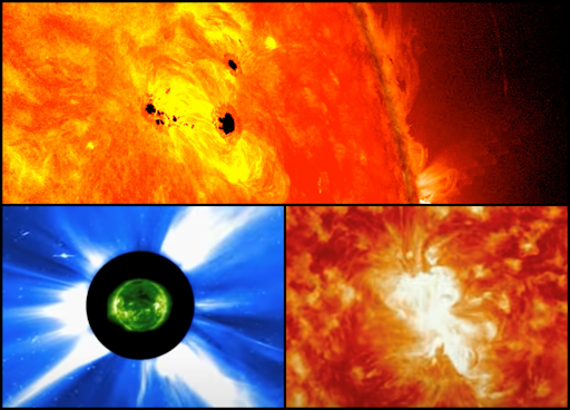 Three views of the Sun shown through the eyes of different space missions. The top image shows dark sunspots on the Sun, the bottom left shows the Sun