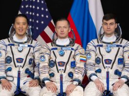 NASA Prepares to Broadcast Crew Launch for Station Missions The Roscosmos Soyuz MS-27 spacecraft will launch from the Baikonur Cosmodrome in Kazakhstan to the International Space Station with (pictured left to right) NASA astronaut Jonny Kim and Roscosmos cosmonauts Sergey Ryzhikov and Alexey Zubritsky.