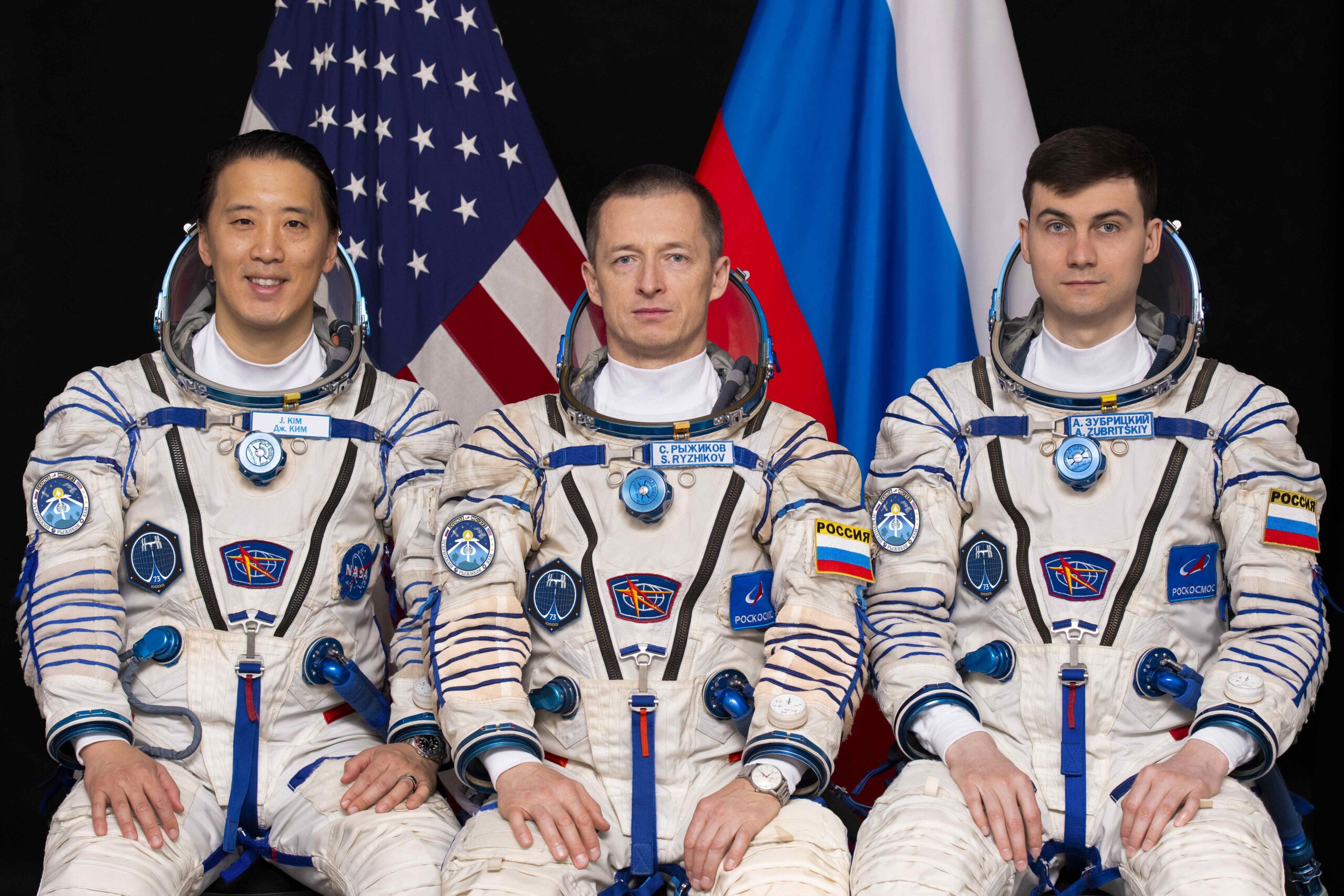 ms 27 crew.jpg The Roscosmos Soyuz MS-27 spacecraft will launch from the Baikonur Cosmodrome in Kazakhstan to the International Space Station with (pictured left to right) NASA astronaut Jonny Kim and Roscosmos cosmonauts Sergey Ryzhikov and Alexey Zubritsky.