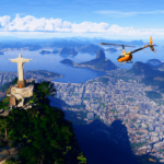 Microsoft Flight Simulator Unveils World Update XIX: South America An orange helicopter flies above Rio de Janeiro.